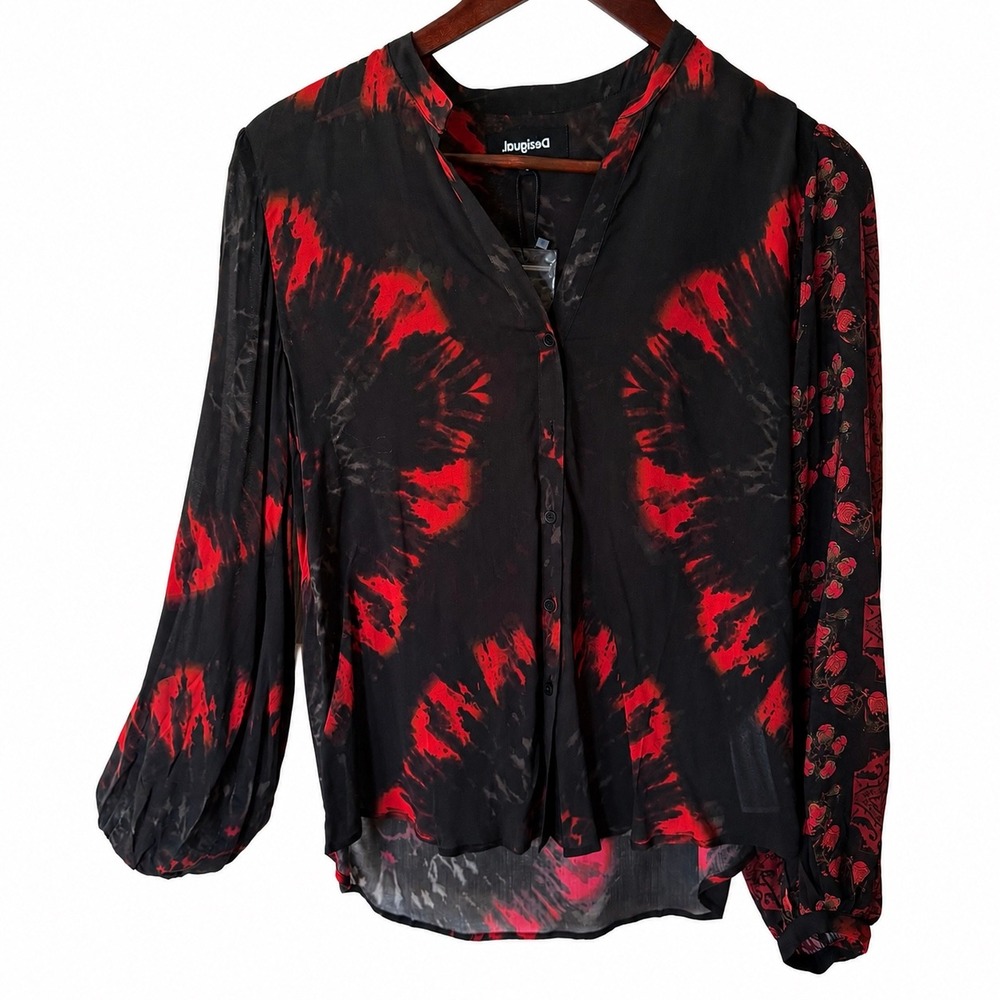 Desigual New Without Tag Women Red Black Tie Dye Floral Blouse Long Sleeve Top S